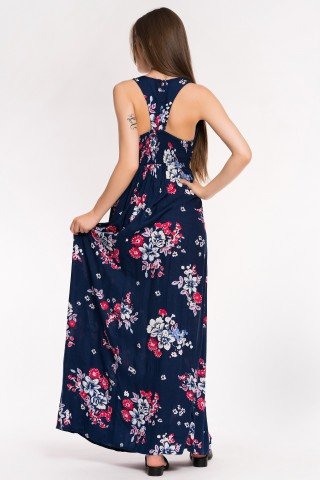 Rochie bleumarin lunga cu print botanic