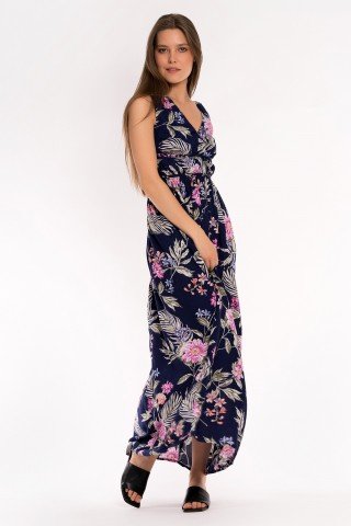 Rochie lunga bleumarin cu print floral