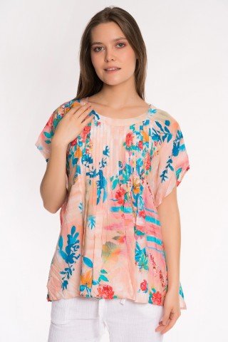 Bluza multicolora cu imprimeu floral si pliuri