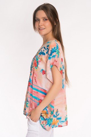 Bluza multicolora cu imprimeu floral si pliuri