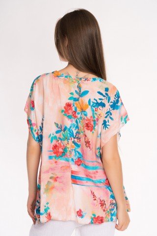 Bluza multicolora cu imprimeu floral si pliuri