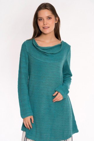 Bluza lunga verde turcoaz din tricot cu broderie