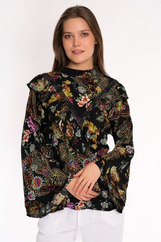Bluza neagra eleganta cu voalne si prin floral