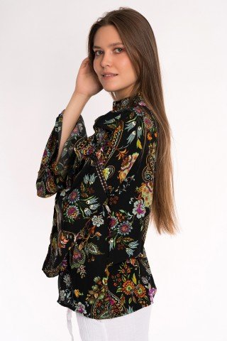 Bluza neagra eleganta cu voalne si prin floral