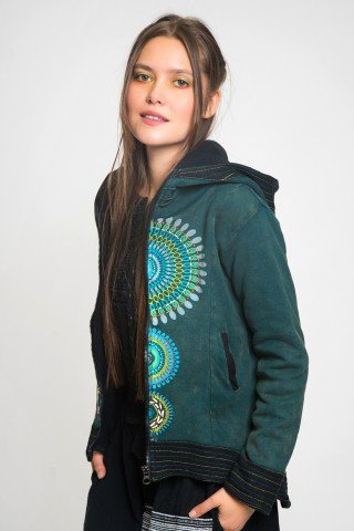 Jacheta verde asimetrica cu fleece si gluga