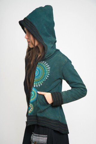 Jacheta verde asimetrica cu fleece si gluga