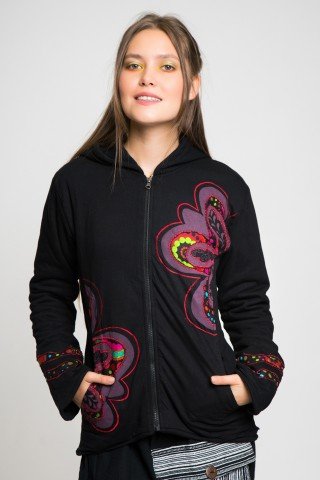 Jacheta neagra cu fleece Purple Flower si gluga Elf