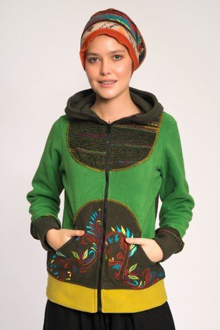 Jacheta verde fleece cu gluga si broderie multicolora