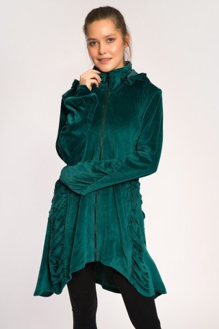 Jacheta din catifea verde asimetrica cu gluga