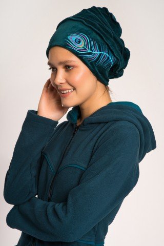 Caciula albastra din catifea stil turban cu broderie