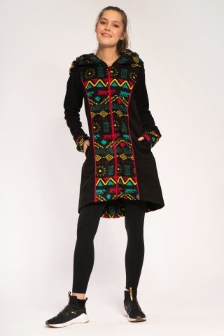 Jacheta neagra cu imprimeu multicolor si gluga