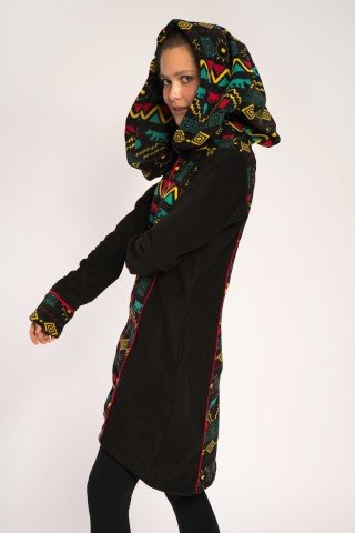 Jacheta neagra cu imprimeu multicolor si gluga