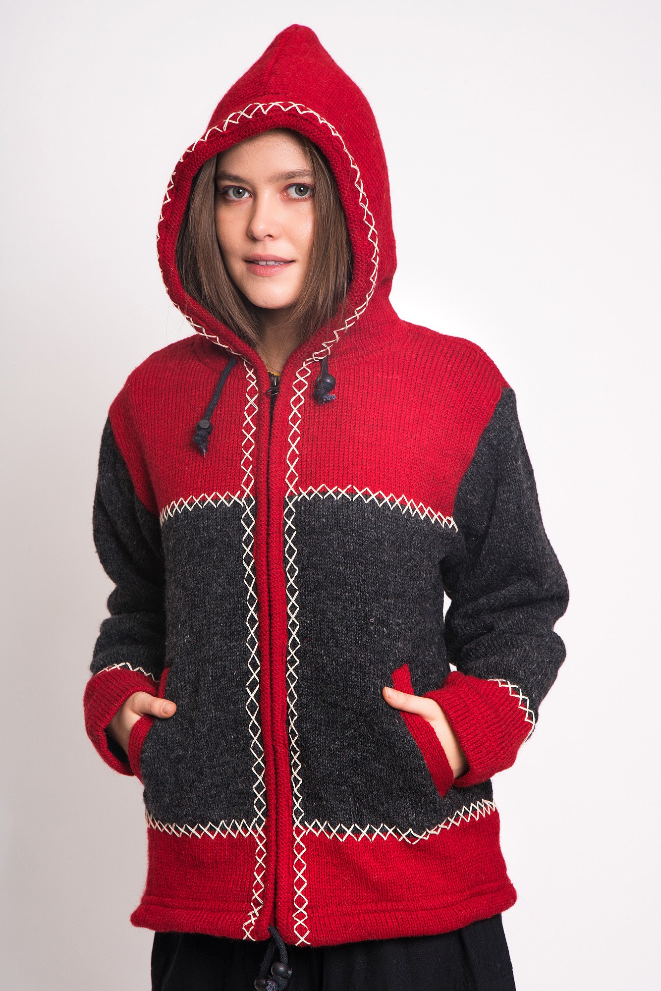 Jacheta unisex  din lana cu polar rosu gri