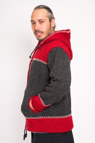 Jacheta de lana  gri rosu cu polar si gluga