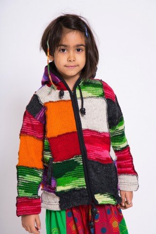 Jacheta de lana cu gluga Elf patrate colorate