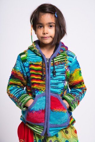 Jacheta lana multicolora cu polar si gluga