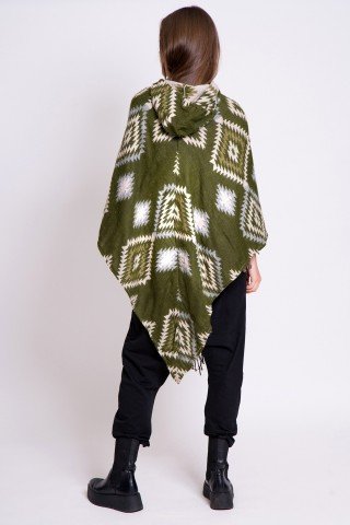 Poncho verde kaki cu figuri geometrice