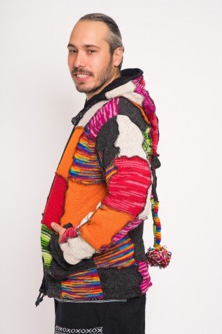Jacheta lana multicolora cu polar si gluga Elf