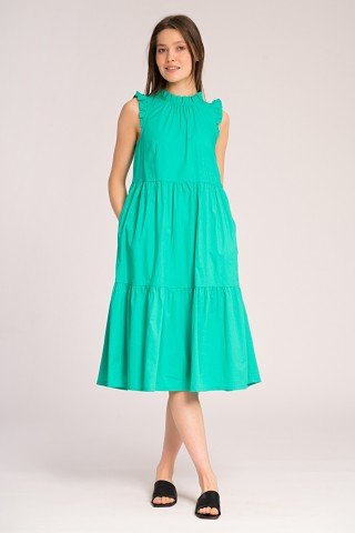 Rochie midi verde din poplin cu volane