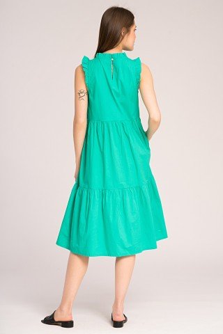 Rochie midi verde din poplin cu volane