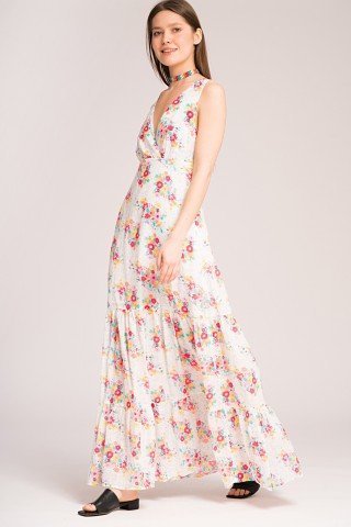 Rochie lunga cu imprimeu floral si bretele incrucisate
