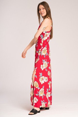 Rochie lunga rosie cu imprimeu floral