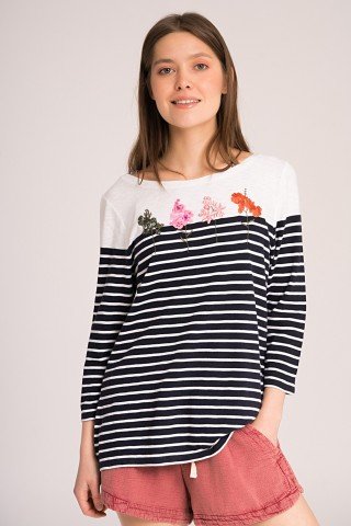 Bluza alb negru cu broderie florala