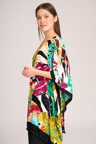 Poncho multicolor cu ciucuri negri