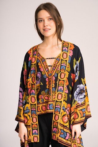 Kimono negru cu flori mari multicolore