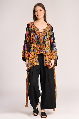 Kimono negru cu flori mari multicolore