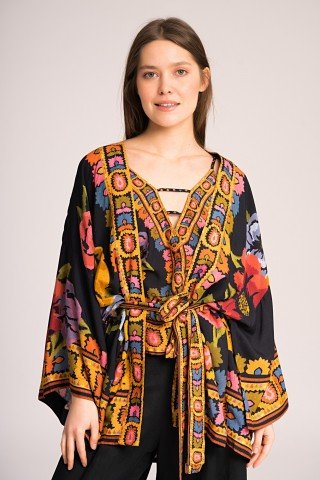 Kimono negru cu flori mari multicolore