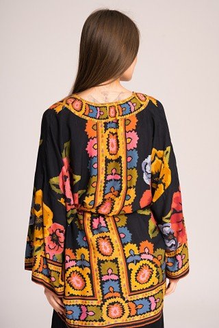 Kimono negru cu flori mari multicolore