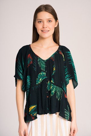 Bluza neagra cu imprimeu verde si nasturi