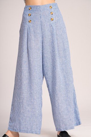 Pantaloni bleu din in cu dungi fine