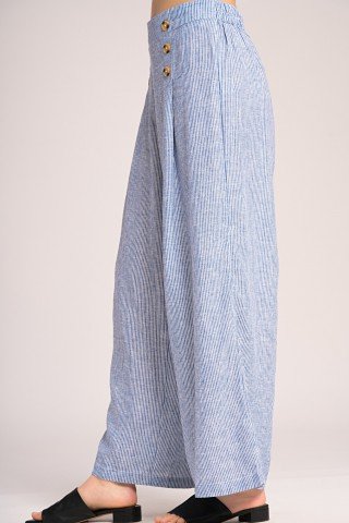 Pantaloni bleu din in cu dungi fine
