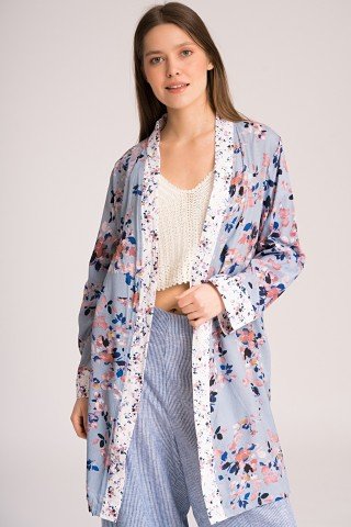 Kimono gri cu flori multicolore