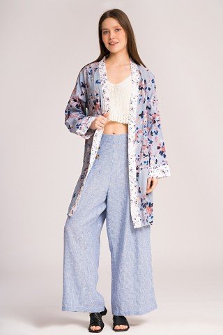 Kimono gri cu flori multicolore