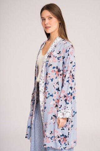 Kimono gri cu flori multicolore