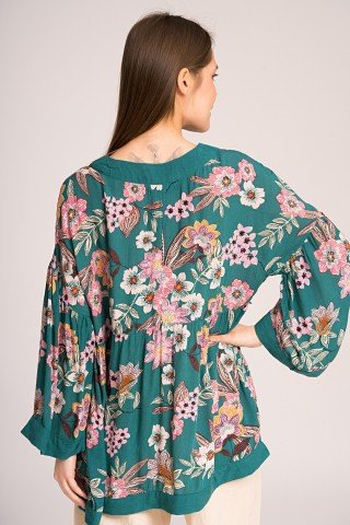 Bluza verde petrecuta cu flori multicolore