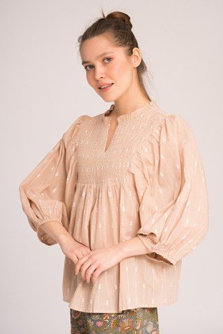 Bluza beige cu broderie si platca elastica