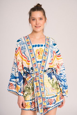 Kimono alb cu print albastru Laguna