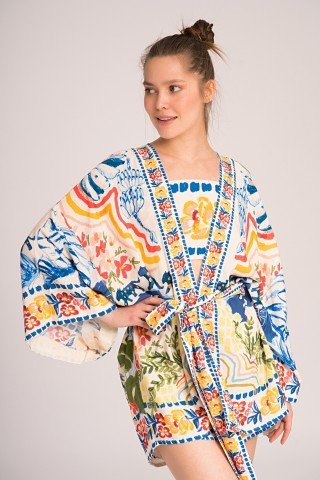 Kimono alb cu print albastru Laguna