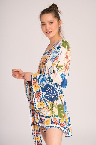 Kimono alb cu print albastru Laguna