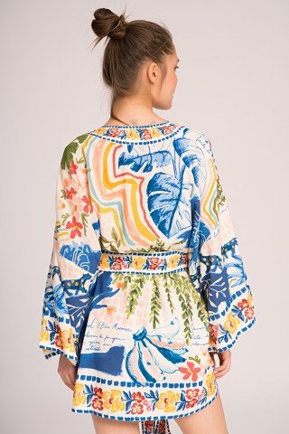 Kimono alb cu print albastru Laguna