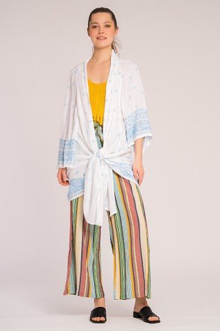 Kimono alb asimetric cu imprimeu bleu