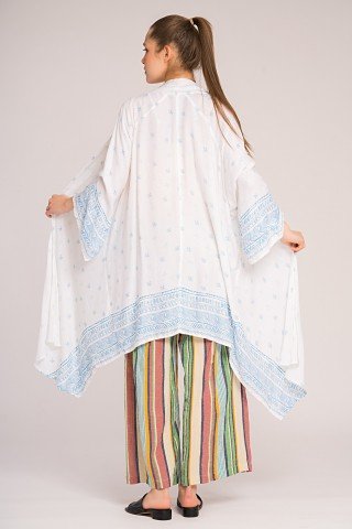Kimono alb asimetric cu imprimeu bleu
