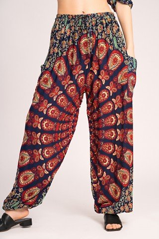 Pantaloni bleumarin su imprimeu coada de paun