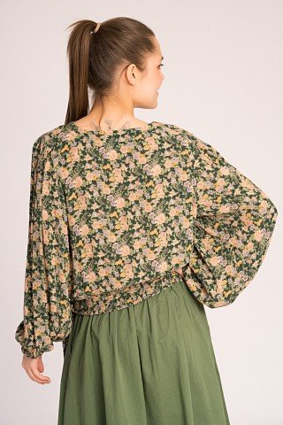 Bluza verde cu flori multicolore si cordon