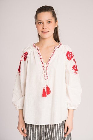 Bluza alba tip ie cu broderie rosie