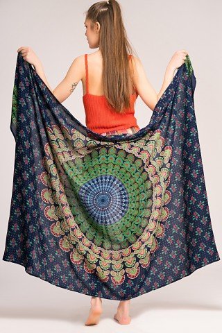 Sarong bleumarin cu print paun verde